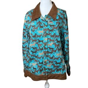 Toffee Apple Womens Jacket XL Teal Brown Horse Print Collared Equestrian Novelty